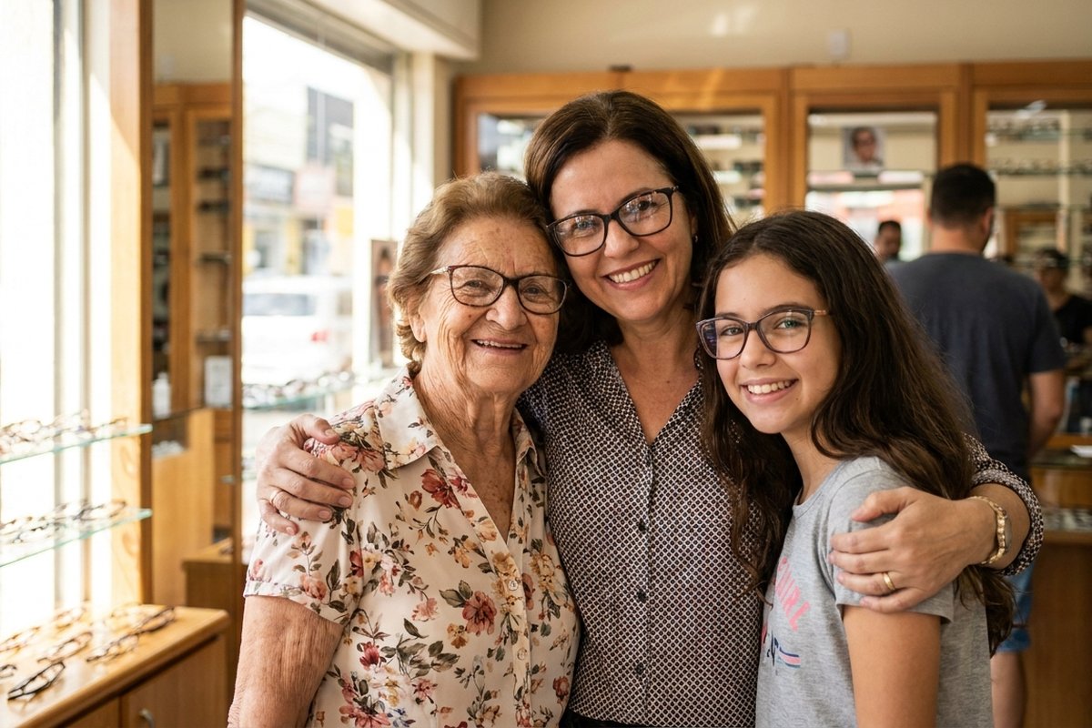 Avó, mãe e neta de óculos, juntas na loja