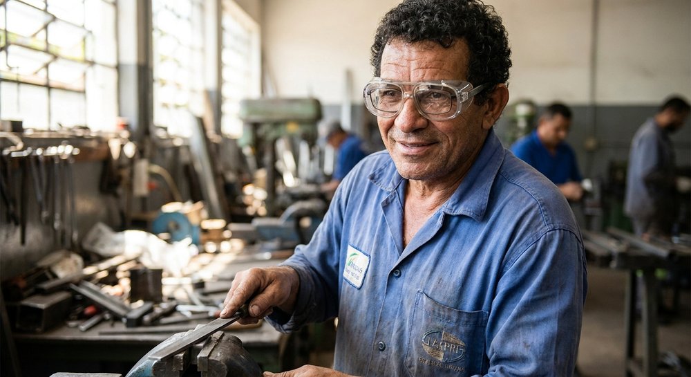 Trabalhador usando óculos de segurança com grau